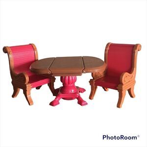 Fisher Price Loving Family Dollhouse Brown Dining Room Table 2 Red Chairs